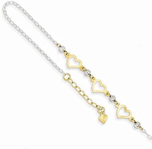 9" 14K Two-Tone Oval Link With Diamond-Cut Beads & Heart Anklet