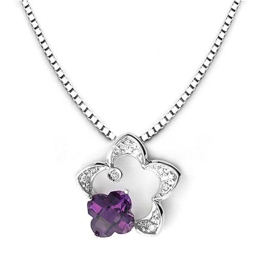 14k White Gold Clover Shaped Amethyst and Diamond Star Pendant with Chain