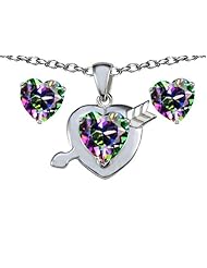 Original Star K (tm) Rainbow Mystic Topaz 8mm Heart with Arrow Pendant Box Set with matching earrings in 925 Sterling Silver
