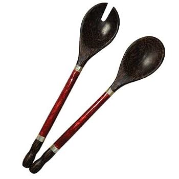 Handmade Wood & Shell Salad Servers - Red - Fair Trade