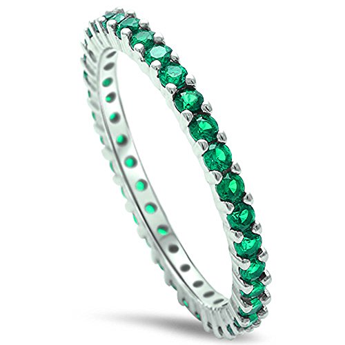Stackable Simulated Emerald Cubic Zirconia Eternity Anniversary Band .925 Sterling Silver Ring Sizes 2-12