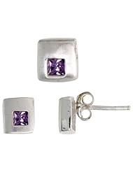 Sterling Silver Matte-finish Square-shaped Stud Earrings (6mm) & Pendant Slide (7mm tall) Set, w/ Princess Cut Amethyst-colored CZ Stones
