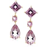 14k Yellow Gold Rose De France Amethyst Pear and Square Dangle Earrings