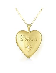 Yellow Gold Vermeil Heart Shaped "Dream" Engraved 0.01ct Diamond Locket Pendant Necklace For Women