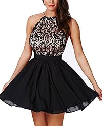 Lace Stretchy Ruched Halter Chiffon/Polyester/Spandex Floral Print Above the Knee Club Dress/Evening Dress/Prom Dress/Wedding Party Dress 