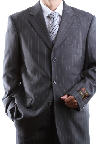 Men’s Single Breasted 3 Button Gray Pinstripe Super 150′s Wool Feel Dress Suit
