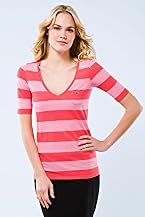 3/4 Sleeve Pique Modal Bi-color Striped V-neck Pocket T-shirt