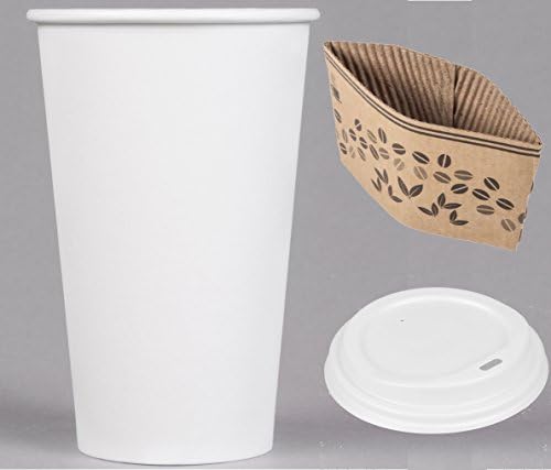 Coffee Cup To-Go Set 100-Pack (100 White 16oz Paper Coffee Cups, 100 Coffee Lids, 100 Sleeves)