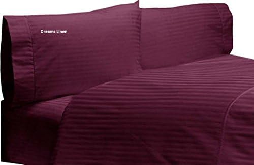 Dreams Linen 300-Thread-Count Egyptian Cotton { 1 Flat Sheet , 1 Fitted Sheet &amp; 4 Pillow Cases } 15 Inch Drop Pocket Size RV-Bunk Wine Stripe