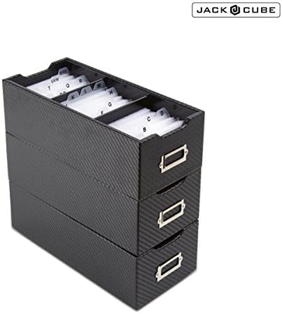 Jack Cube Stackable Business Card/Name Card Organizer Holder Tray Storage Box Case with Removable Divider Alphabet Index Tab for Office Desk(Black Carbon Fiber, Set of 3)-MK192-3