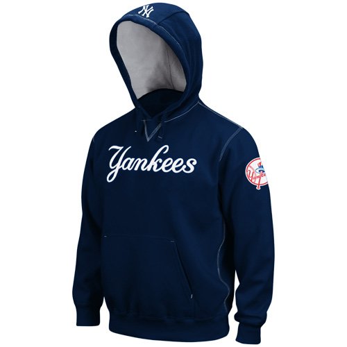MLB New York Yankees Adult Long Sleeve Hood Fleece Pull Over (Athletic Navy/Stone Gray, Large)
