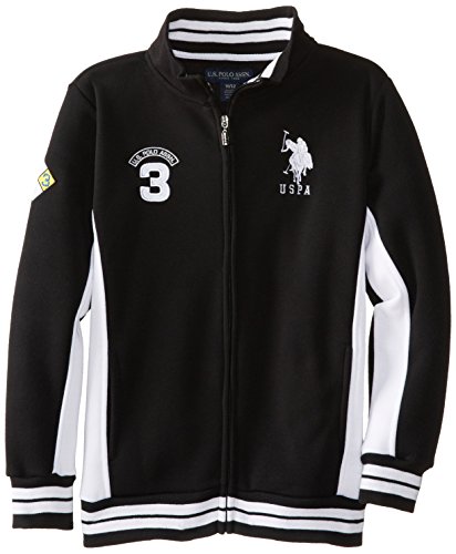 U.S. Polo Assn. Big Boys' Fleece Mock Neck Jacket with Striped Ribbing, Black, 10/12