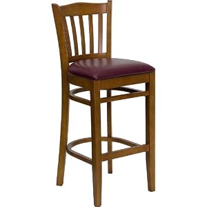 Vertical Slat Back Cherry Wood Bar Stool with Burgundy Vinyl Seat [XU-DGW0008BARVRT-CHY-BURV-GG]