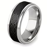 Ridged Edge Brushed and Polished Black Plated Tungsten Carbide Ring with Laser Design (9.0mm) - Sizes 5 - 13