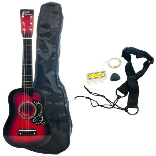 Austin Bazaar 25 Kid's Acoustic Toy Guitar with Carrying Bag and Accessories - Red