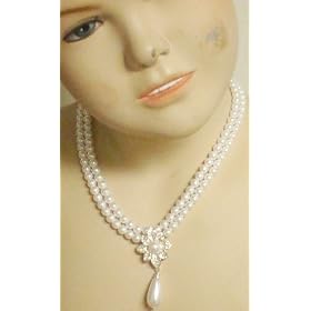 Two Strand White Pearl with Crystals Necklace and Earrings for Children Teens and Women