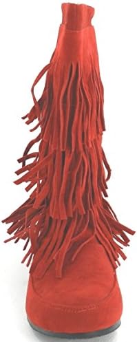 Fashion Women Multi- Color Lima Tribial Indian Moccacnins Three Layerd Tassels Fring Beaded Winter Mid Calf Cowboy Faux Suede Sexy Dress Boot Shoes. (8.5, Red)