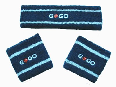 GOGO™ Thick Two Color Stripe Embroidery Sweatband Set (1 Headband + 2 Wristband) - GOGO Logo