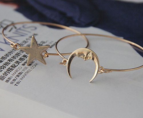Hot New Design 1 Pair Charm Moon Star Bracelet Boho Hippie Bohemian Bangle for Best Friend (Gold)