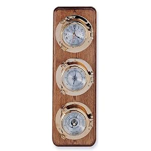 Clock, Barometer and Thermometer Brass Porthole Weather Station on Oak Wood Base