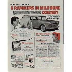 Enter Today! Win one of 8 Ramblers in Milk-Bone "SHAGGY DOG" Contest! Walt Disney's New Hit, "SHAGGY DOG" stars Fred MacMurray, and Jean Hagen. ..... Milk Bone "Shaggy Dog" Jingle Contest Ad, A4658A.
