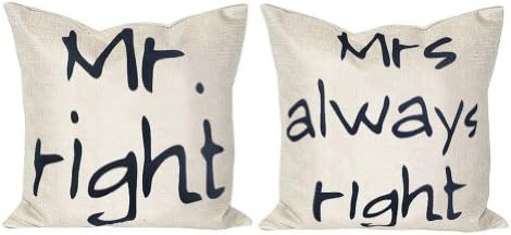 2 X Ayygift Square Decorative Lovers Pillowcases Throw "Mr right" and "Mrs always right" Pattern Cotton Linen Cushion Case Covers