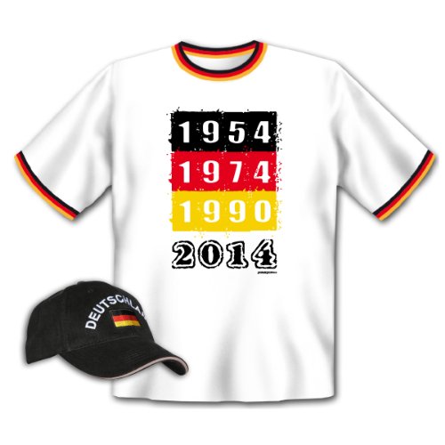 2-teiliges Fanartikel Set Fußball Deutschland zur WM Party 2014 – Fan T-Shirt: 1954 1974 1990 Weltmeister 2014 Gr. L in weiss Besticktes CAP: Fahne EM WM : )