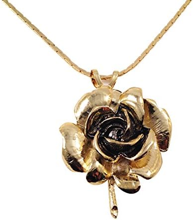 Vintage Style Golden Jewelry Set, Long Golden Chain, Rose Pendant and Matching Brooch
