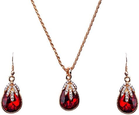 Julycoffee Elegant Women 18k Gold Plated Red Crystal Necklace Earrings Jewelry Set Gp2525