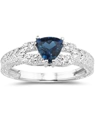 0.04 Cts Diamond & 0.95 Cts London Blue Topaz Ring in 14K White Gold
