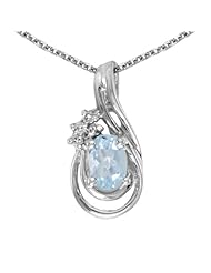 14k White Gold Oval Aquamarine And Diamond Teardrop Pendant with 18" Chain