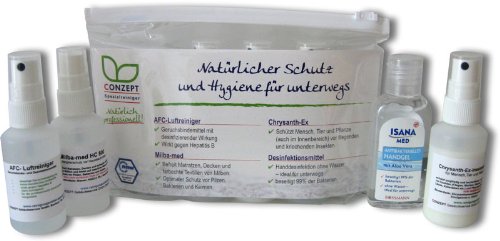 Reise-Set 4-tlg. Hygiene-Set (enthält: Geruchsbinder 50ml, Milbenschutzspray 50ml, Insektenschutzspray 50ml, Handdesinfektionsmittel 50ml) darf ins Handgepäck bei Flugreisen