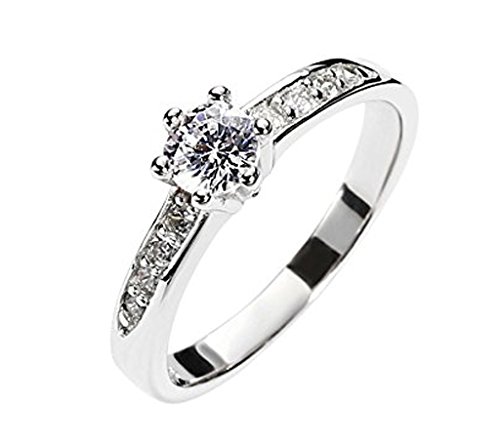 Daesar Silver Plated Mens Womens Cubic Zirconia 4-Prong Set Round Cut Halo Wedding Ring (0.47ct,0.8ct)