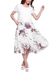 Chiffon/Polyester Floral Print Short Sleeves Round Neck Short Elasticized   Waistline Peasant Dress 