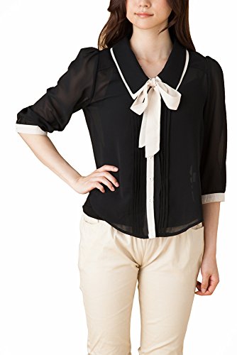 (Goldjapan)ゴールドジャパン 大きいサイズ レディース シフォンシャツ バイカラー ショート丈 七分袖 ７分袖 半袖 半そで チュニック ブラウス Ａライン 体型カバー フォーマル カジュアル エレガント きれいめ 女子会 sms-014