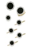 Solid 14k Gold and Surrounding Diamonds Onyx Cufflinks, Tie Tac and Stud Set
