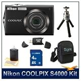 Nikon Coolpix S4000 Digital Camera (Black), 12 Megapixels, 4x Wide-Angle Optical Zoom (27-108mm), 3 High Resolution Touch Panel, Deluxe Carrying Case, Lens Cleaner, 4 GB Memory Card, Card Reader, and Tripod
