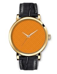 SPRAWL Aanalog Fashion Series Gold Ladies Watches of Genuine Black Leather Strap,Unique Wrist Watch for Women Girls Designed with Minimalist Orange squares
