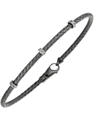Silver Ruthenium Plated Polish 7.25" 2.75mm Basketweave Bangle With .01Ct Diamond Ring And Fancy Lobster Clasp