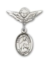 Sterling Silver Baby Badge with St. Placidus Charm and Angel with Wings Badge Pin