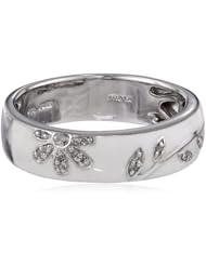 Sterling Silver Diamond White Enamel Floral Design Stack Ring (1/20 cttw, I-J Color, I3 Clarity)