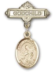Gold Filled Baby Badge with St. Alphonsus Charm and Godchild Badge Pin