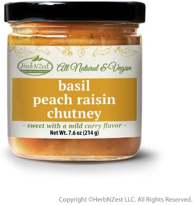 Basil Peach Raisin Chutney - All Natural & Vegan - Fat Free, Low Calorie 7.6 oz - HerbNZest