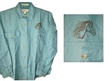 Women's BLUE Long-Sleeve Soft Canvas Trail Shirts - Horse Embroidery Design