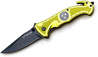 SE-858ZOM Z KILLER Zombie Rescue Style Spring XB4Vm Assist Knife 4.5" Closed ghkdiwiy 2334rtyui gbh Z Killer. Zombie Spring Assist Knife. Black Stainless Steel Blade. 8MLDrUkg Green Zombie Color Handle with Bio Hazard Logo. Includes Seat Belt vqzr33e Cutter, Glass Breaker and Clip 4.5" Closed
