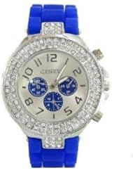 RoyalBlue Geneva Womens Silicone Band Large Face Designer Inspired Faux Chronograph Boyfriend Watch with Baguette Stones Bling Bezel-Blue