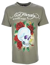 Ed Hardy Mens T-Shirt Skull over Roses Olive