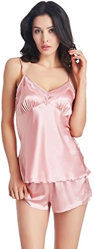 Vadoria Women Emulation Silk Sling pajamas 2 Piece Cami Set Sleepwear (XL, Pink)