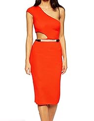 Sexy Summer One Shoulder Polyester/Spandex Belted Cutout Bandage Dress/Bodycon Dress/Club Dress/Party Dress/Midi Dress 