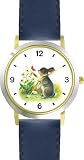 Bunny Rabbit & Butterfly with Flowers JP Animal - WATCHBUDDY&reg; DELUXE TWO-TONE THEME WATCH - Arabic Numbers - Blue Leather Strap-Size-Children's Size-Small ( Boy's Size & Girl's Size )